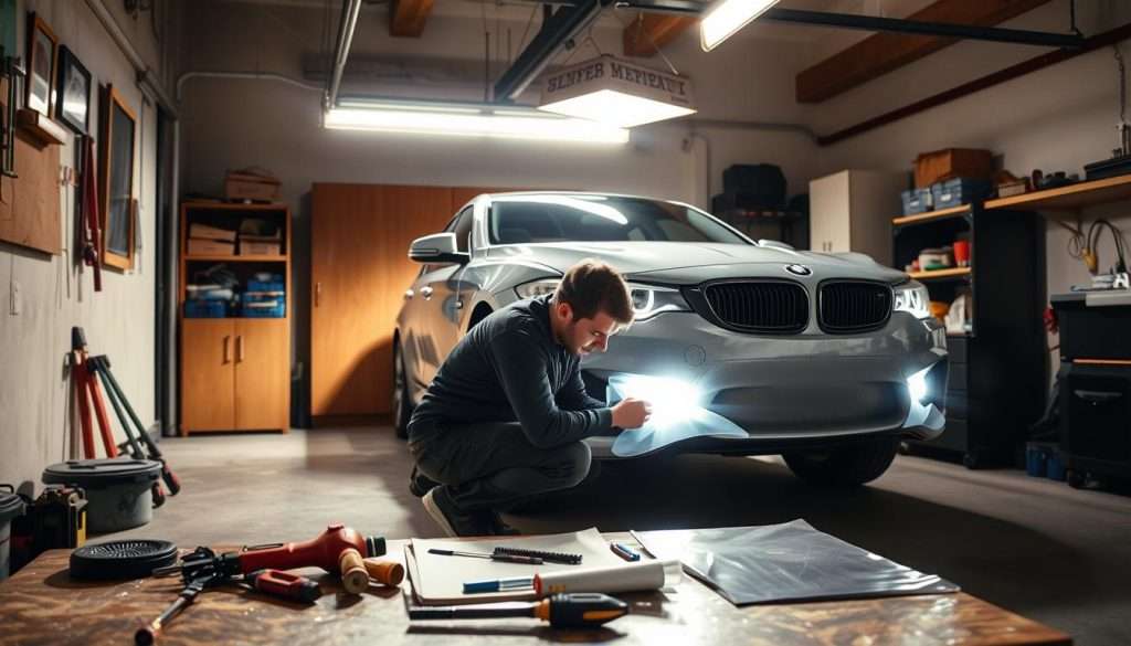 A DIY garage scene with a car parked in the center, the owner crouched down working on installing paint protection film (PPF) on the vehicle's front bumper. Bright, directional lighting from an overhead garage lamp casts dramatic shadows, highlighting the intricate process. The owner's tools and PPF material are neatly arranged on a workbench in the foreground. In the background, shelves and storage cabinets suggest a well-equipped DIY workspace. The atmosphere is one of focused, hands-on activity, reflecting the DIY spirit of the task at hand.