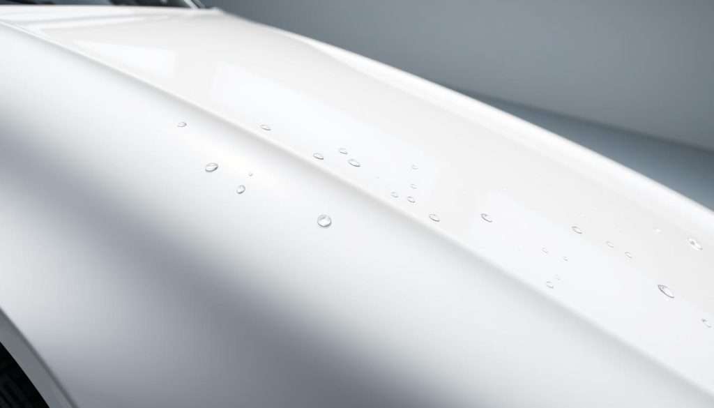 A pristine, high-gloss car surface reflecting the sunlight, water droplets beading and rolling off effortlessly. The vehicle's meticulously detailed finish showcases its exceptional hydrophobic properties, with a smooth, self-cleaning effect. Crisp, evenly-lit angles highlight the sleek, glossy bodywork, accentuating the depth and clarity of the protective coating. The car is positioned in a clean, minimalist environment, allowing the hydrophobic performance to take center stage. Soft, diffused lighting casts gentle shadows, subtly defining the contours and curves of the vehicle. An atmosphere of precision, elegance, and effortless maintenance permeates the scene, visually embodying the key benefits of the protective solution.