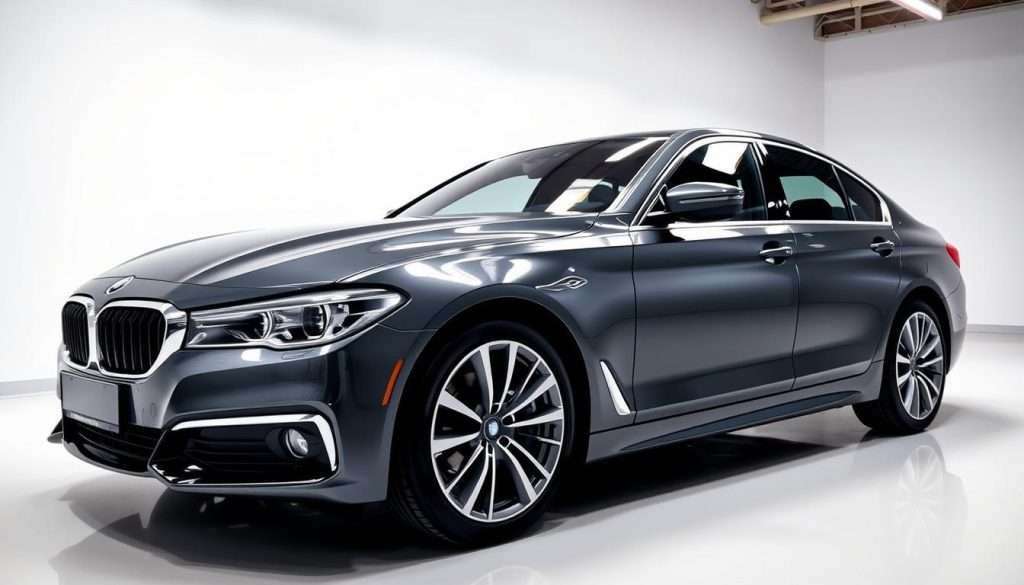 A sleek, high-end sedan parked in a well-lit showroom, with its full body covered in a glossy, crystal-clear protective film. The car's surface reflects the bright overhead lighting, creating a stunning, mirror-like finish. The camera angle is slightly elevated, providing a comprehensive view of the vehicle's exterior, including the front, sides, and rear. The background is a minimalist, white studio setting, allowing the car's details to take center stage. The mood is one of elegance, sophistication, and the attention to detail that goes into a full-body paint protection film installation.