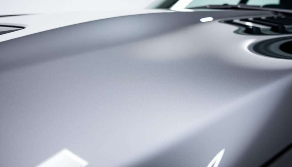 Detailed automotive paint finish, showcasing the glossy, reflective surface of a high-quality vehicle. In the foreground, the body panels gleam under the bright studio lighting, capturing the intricate texture and depth of the clear coat. In the middle ground, the smooth, flawless paint transitions seamlessly from highlights to shadows, creating a sense of depth and dimensionality. The background features a clean, neutral environment, allowing the subject to take center stage and emphasize the visual appeal of the finish. The overall image conveys a sense of premium quality, attention to detail, and the importance of appearance in the automotive industry.