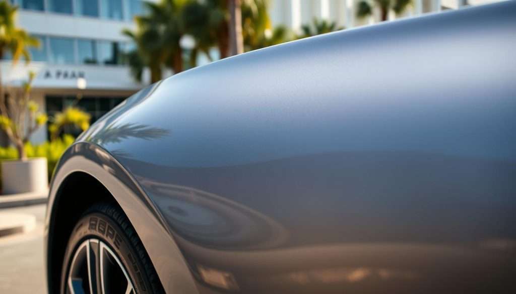 High-quality, detailed image of a paint protection film installation in North Hollywood, California. The foreground shows a close-up view of a car's glossy, freshly-wrapped front fender, highlighting the smooth and seamless application of the protective film. The middle ground reveals the full side profile of the vehicle, parked in a well-lit, urban setting with a blend of modern architecture and lush greenery in the background. The lighting is natural, with warm, directional sunlight casting subtle shadows and highlights across the car's surface. The overall mood is one of sophistication, showcasing the care and craftsmanship involved in the paint protection film installation process.