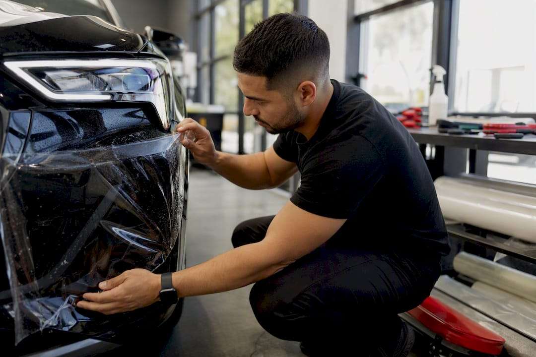 Applying paint protection film on vehicle front bumper