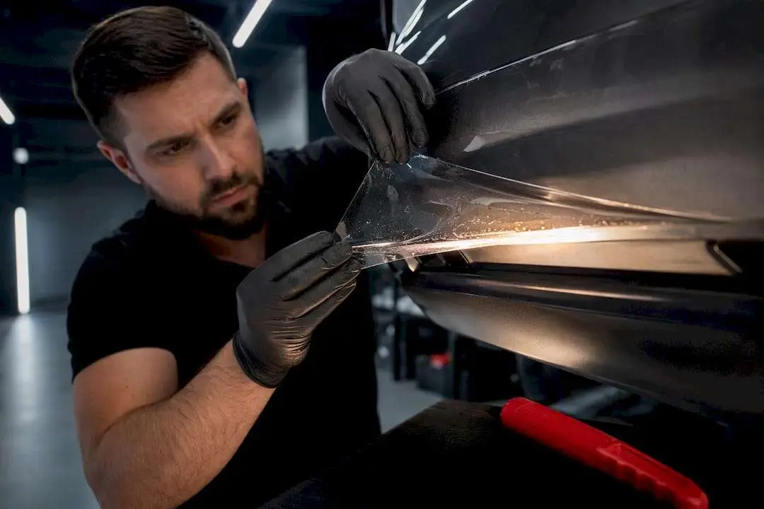 Installer aligning clear film on bumper edge