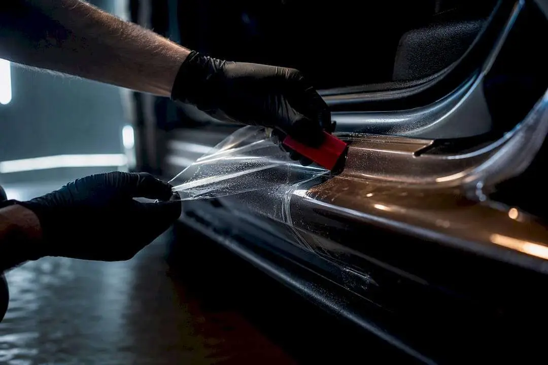 Technician applying film to vehicle door sill