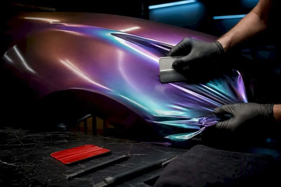 Technician applying chameleon wrap film