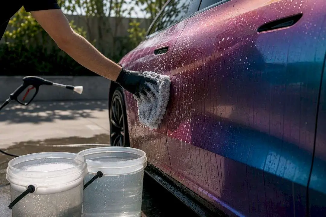 Two-bucket washing of wrapped vehicle panel