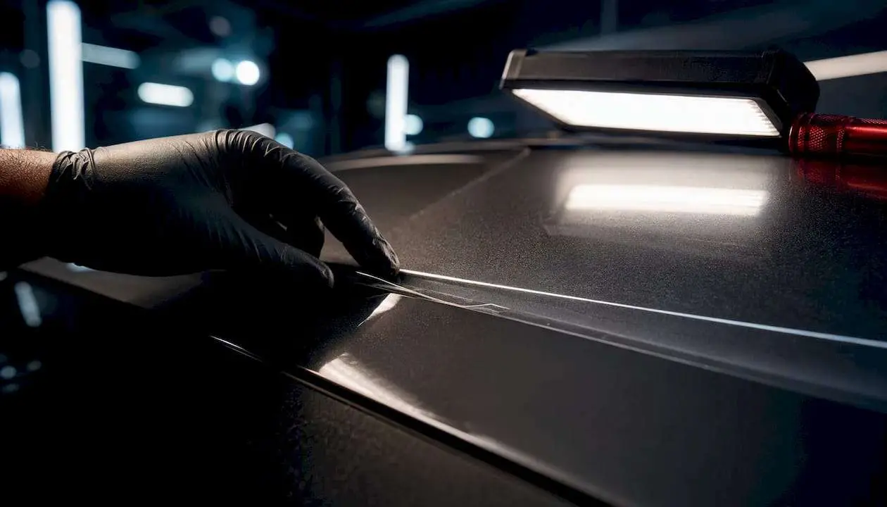 Technician inspecting paint protection film edge