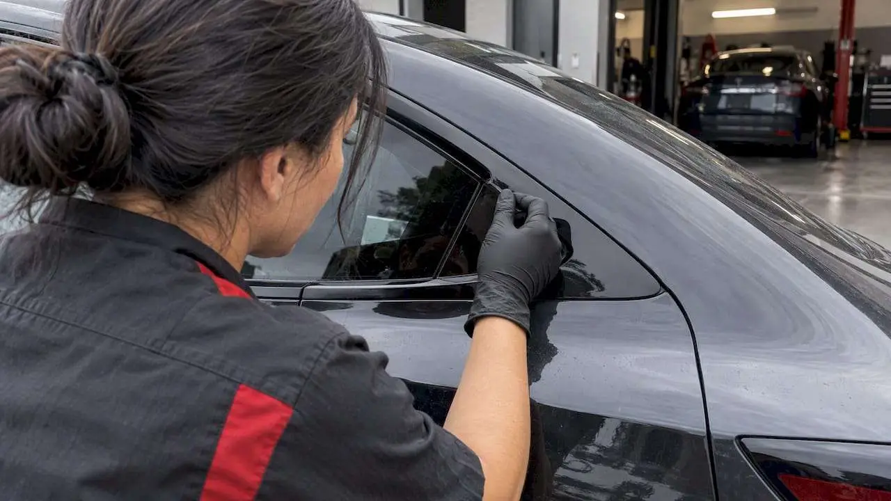 Installer examining lifted black trim film edge