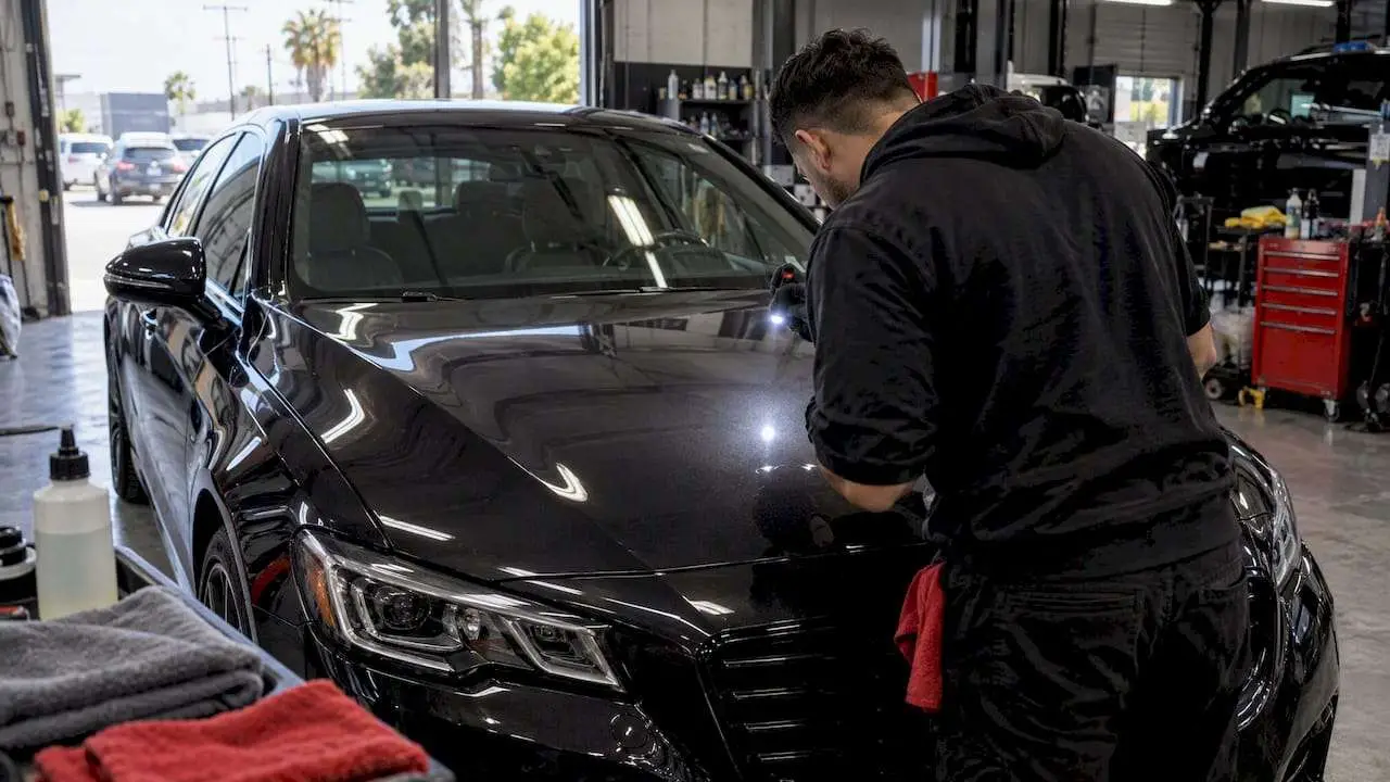 Technician inspecting paint before ceramic coating