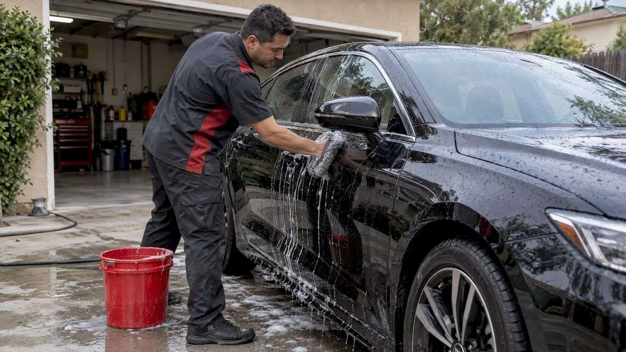 Owner hand-washing a ceramic-coated sedan