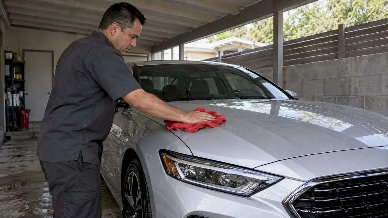 Owner drying a freshly washed protected car