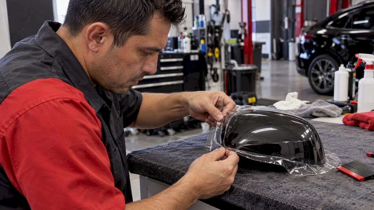 Installer wrapping clear film around a mirror cap