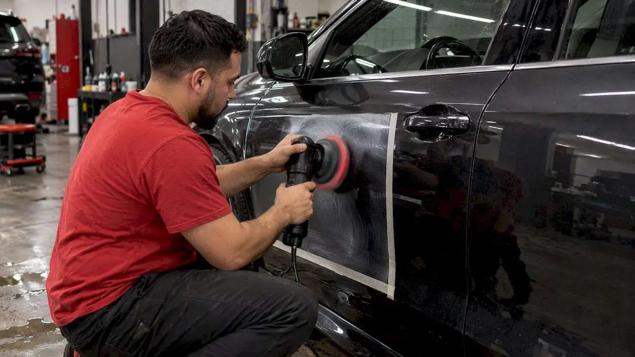 Technician polishing a marked door-panel test spot
