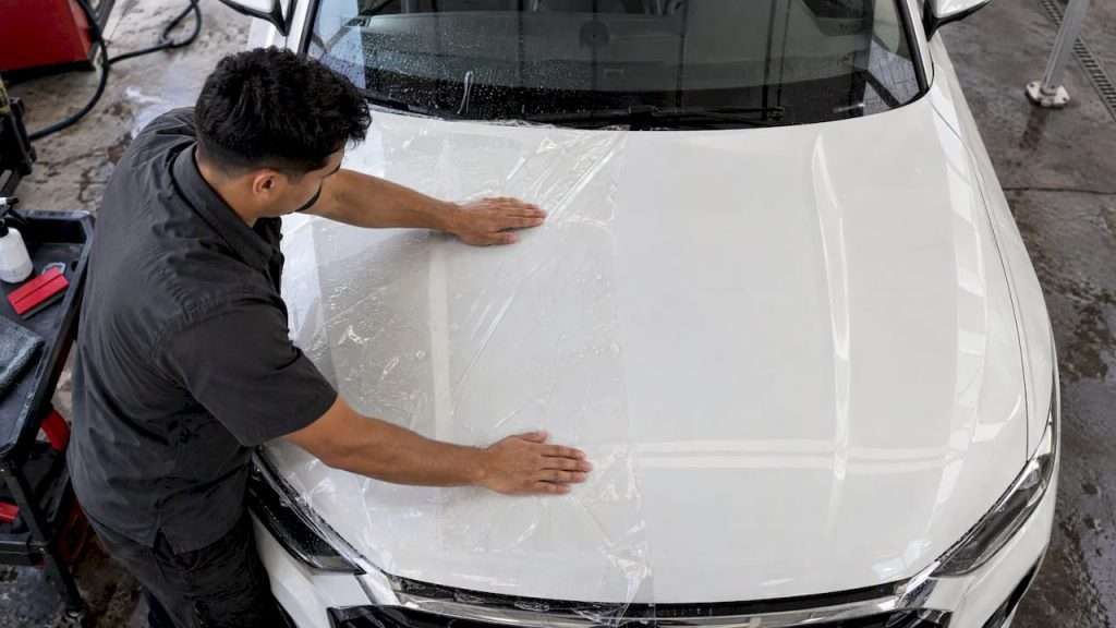 Installer applying clear film to white car hood
