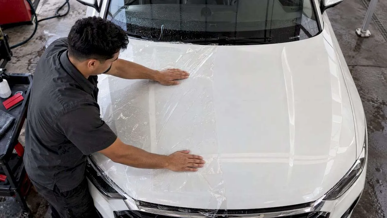 Installer applying clear film to white car hood